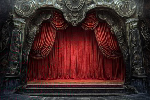 Red velvet curtain covering stage in old theater photo