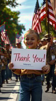 Child expresses gratitude to veterans during a parade in a town filled with patriotic spirit and celebration photo
