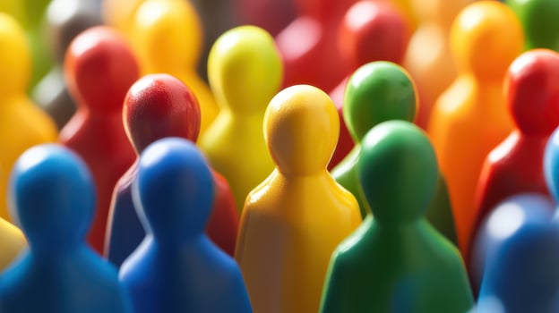 Many colorful wooden people are arranged in a circle photo