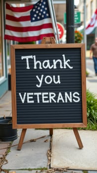 Sign expressing gratitude for veterans displayed on sidewalk with American flags in background photo