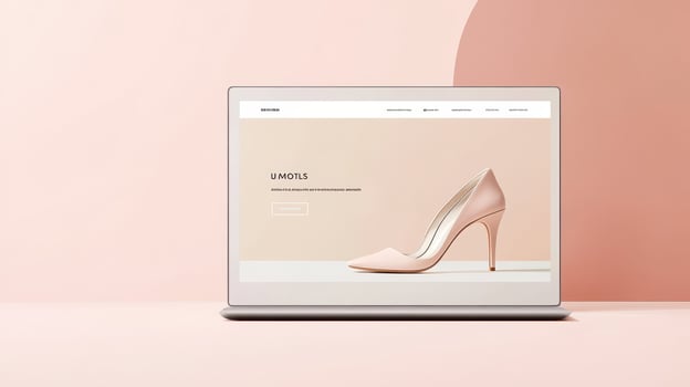 A laptop with a pink background and a pair of high heels photo