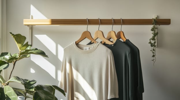 Three shirts hang on a wooden rack in front of a window photo