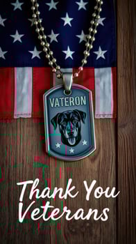 Commemorative dog tag honoring veterans set against a background of an American flag photo