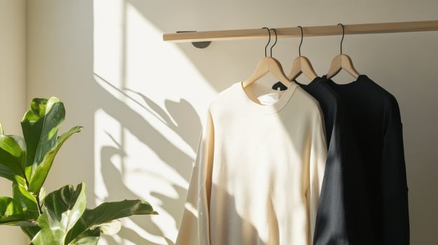 Three shirts hang on a wooden rack in front of a plant photo
