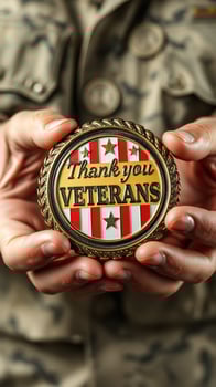 Veteran commemorative coin held by a service member in military uniform expressing gratitude photo