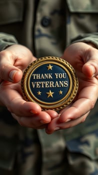 Hands holding a veteran appreciation medal during a ceremony honoring military service photo