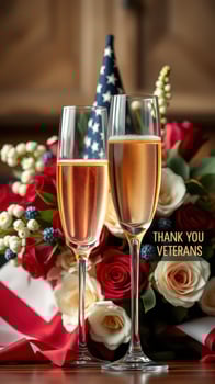 Celebration of gratitude with champagne and floral arrangement honoring veterans in a festive setting photo