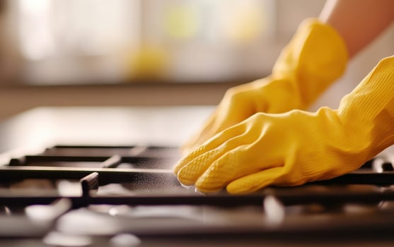 Cleaning kitchen appliances with yellow gloves, focusing on hygiene and care. hands are scrubbing stovetop, ensuring spotless surface for cooking photo
