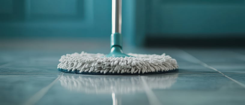 close up of mop gliding across glossy tiles, showcasing its cleaning action and shine of surface. vibrant background adds fresh feel to cleaning process photo