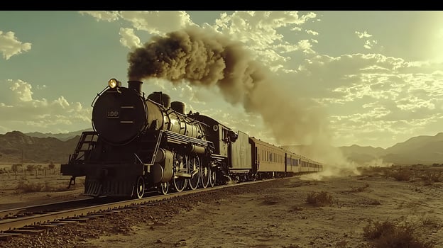 Steam Locomotive Train Journey Through Desert Landscape photo