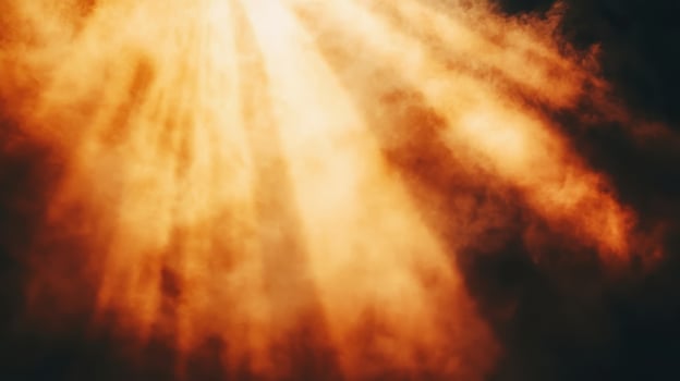 Vibrant golden hour sunlight shining through thick clouds creates dramatic atmosphere. interplay of light and shadow evokes sense of warmth and tranquility photo