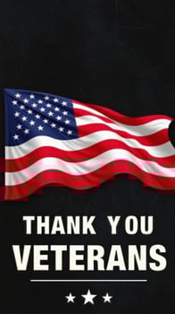 Thanking veterans with a waving flag of the United States displayed prominently against a dark background photo