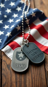 Military dog tags resting on an American flag symbolizing gratitude for veterans photo