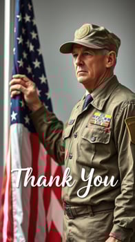 Veteran standing proudly next to an American flag in a solemn tribute expressing gratitude for service photo