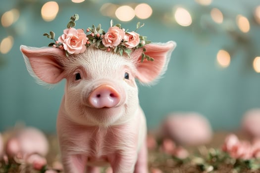 Adorable piglet influencer with stylish floral crown in charming farm setting photo