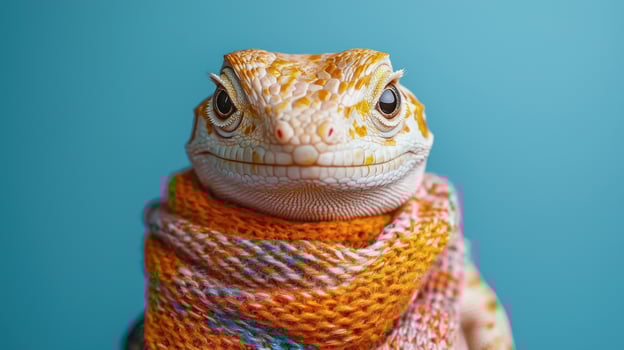 Lizard idol wearing stylish scarf, showcasing quirky personality in studio photoshoot photo