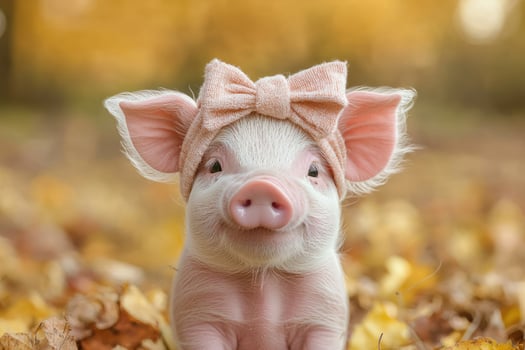 Adorable piglet influencer with stylish bow in farm background, showcasing trendy look and playful expression photo