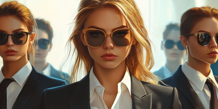 Confident women in sunglasses exude power while standing together in tailored suits at a corporate event photo