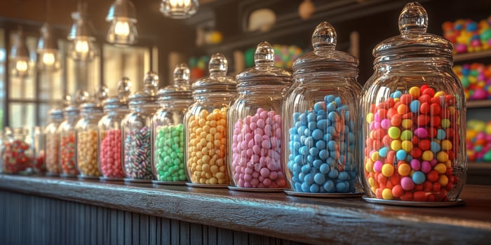 Colorful candy jars filled with various sweets displayed in a charming shop interior photo