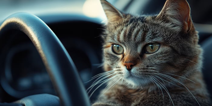 Cat comfortably sits at the steering wheel of a car, showcasing its curious expression during a sunny afternoon photo
