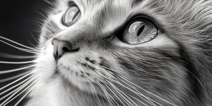 Close-up view of a fluffy cat gazing upwards in black and white lighting photo