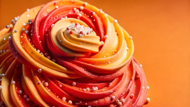 Close-up of colorful frosting swirls with sprinkles on orange background. photo