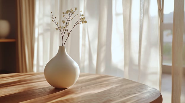 Soft sunlight streams onto a wooden table with a white ceramic vase, minimalistic harmony photo