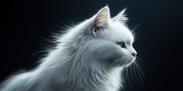 White fluffy cat with striking features silhouetted against a dark backdrop photo