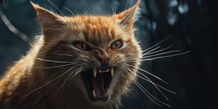 Close-up of an angry orange cat showing teeth in a dark forest setting during twilight photo