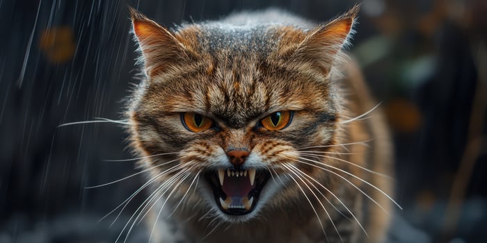 Fierce wild cat with intense expression in a dark, rainy setting, showcasing its natural habitat and survival instincts photo