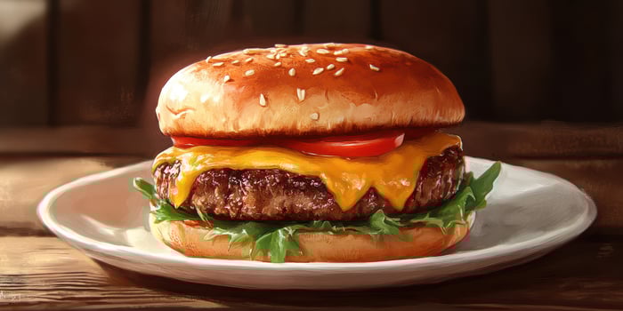 Juicy cheeseburger with fresh lettuce and tomato on a wooden table during lunchtime photo