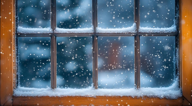 A window with snow falling through it photo