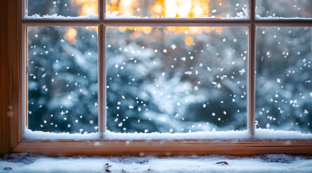 A window with snow falling outside photo