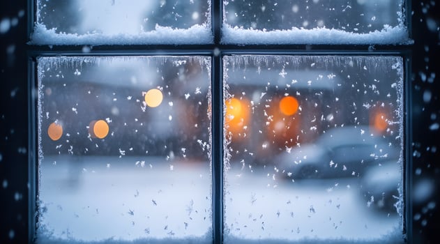A window with snow falling on it and a street view photo