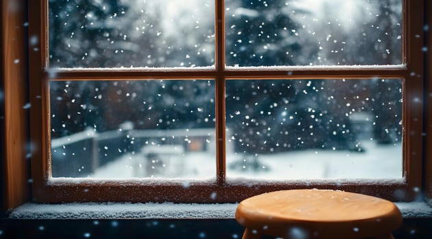 A yellow chair sitting in front of a window with snow falling photo