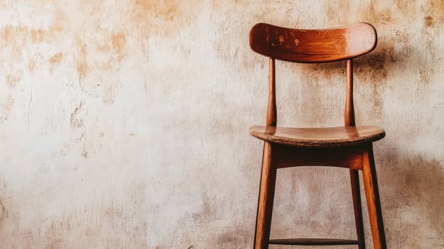 A weathered wooden chair against a textured wall photo