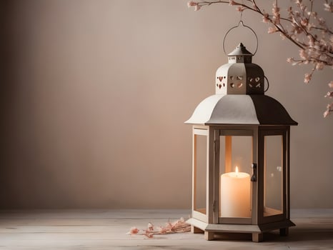 A gently glowing rustic lantern against a calm, neutral backdrop offers a cozy atmosphere and ample space for a Valentine Day note in the center. photo
