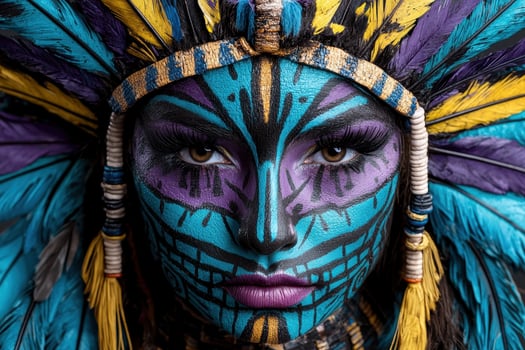 Close up portrait of a woman with vibrant face paint and headdress photo