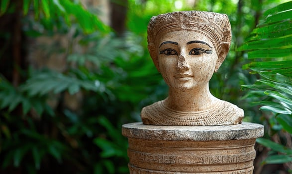 Ancient Egyptian bust in a lush garden setting photo
