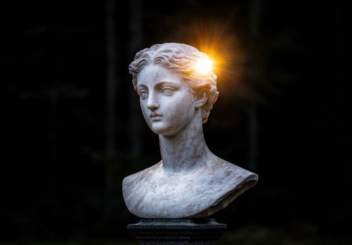 Sunlit marble bust of a woman, classical sculpture photo