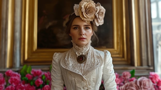 Elegant woman in vintage dress and floral headpiece photo