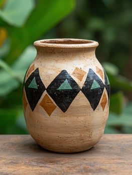 Hand painted terracotta pot with geometric pattern. photo