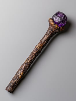 Amethyst crystal top wooden wand on grey background photo