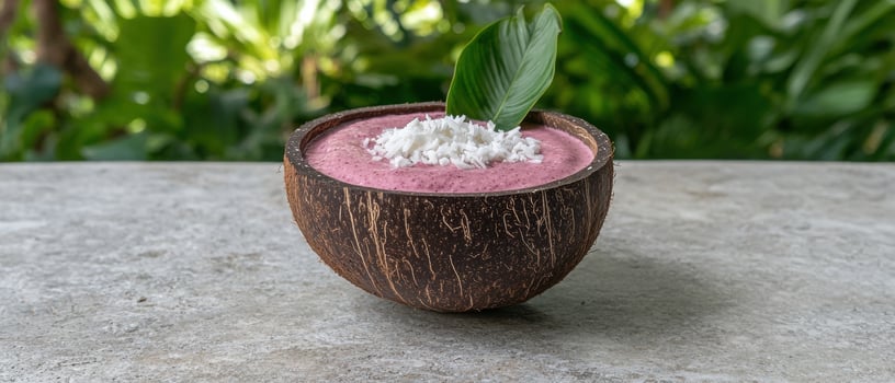 Pink smoothie bowl with coconut flakes and leaf garnish photo