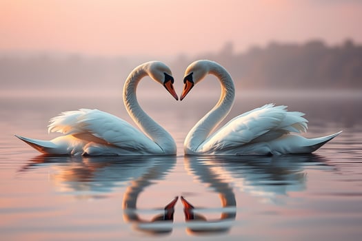 Two swans making a heart shape in the water photo