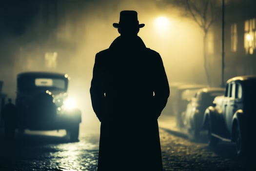 Silhouette of man in hat and coat on dark city street photo