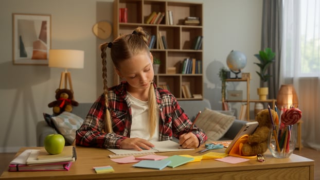 Caucasian little pupil daughter child girl learner writing homework education draw copybook family loving mother female lady mom woman parent touching kid student schoolgirl domestic learning at home photo