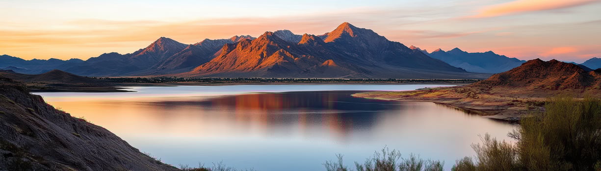 A beautiful mountain range with a lake in the foreground. The lake is calm and the mountains are in the background. The sky is orange and pink, creating a serene and peaceful atmosphere photo
