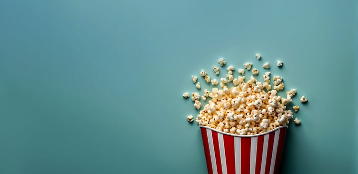popcorn splashes from popcorn bucket on smooth background with copy empty space cinema photo