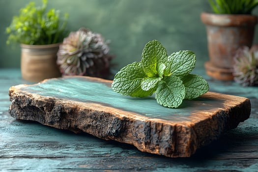 Fresh Mint Leaves on Rustic Wooden Platter for Culinary and Herbal Design photo
